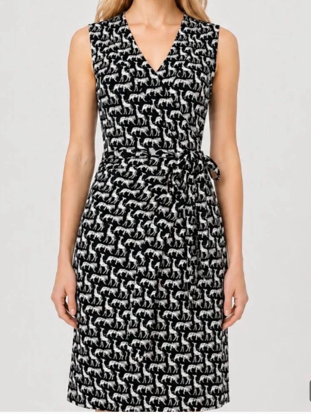 Diane Von Furstenberg Black Brown White Safari Print Wrap Dress